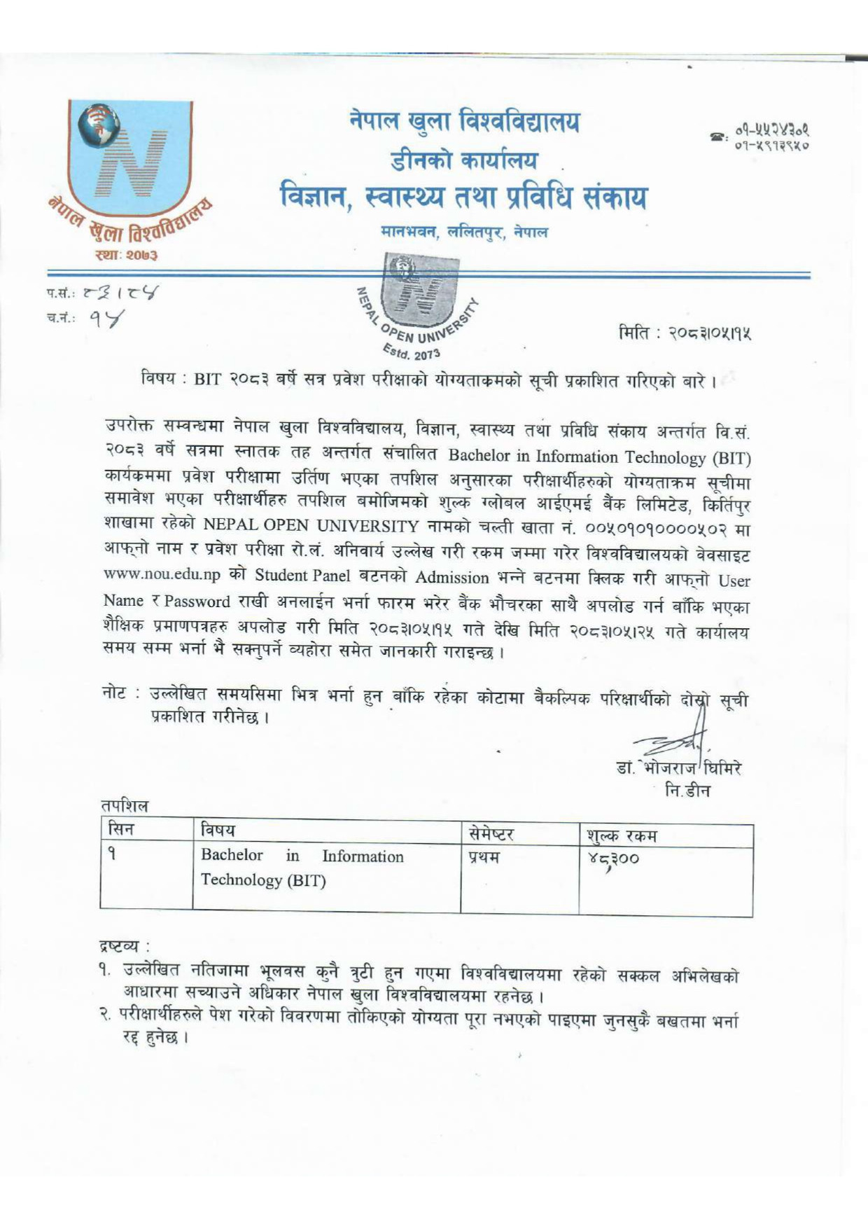 BIT ENTRANCE RESULT PUBLISHED